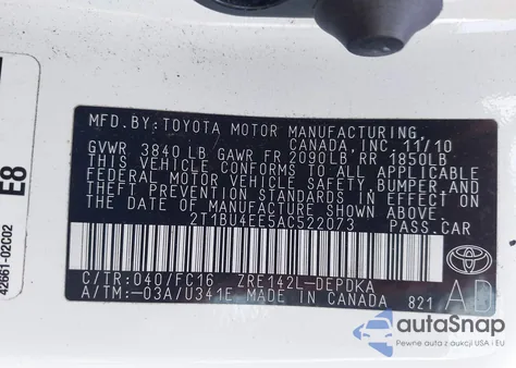 2010 Toyota Corolla Le из США, поврежденный, VIN 2T1BU4EE5AC522073